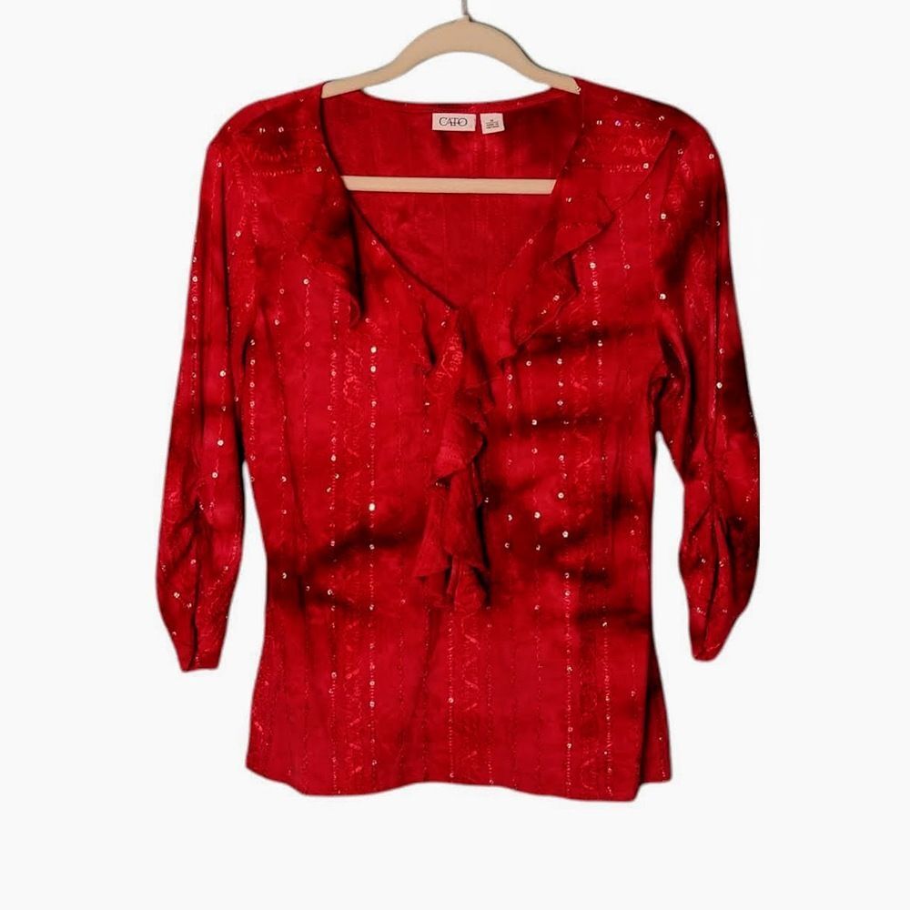 CATO Womens‎ Red Ruffle Blouse Sequin Detail Ruffled V-Neck 3/4 Sleeve Sz M